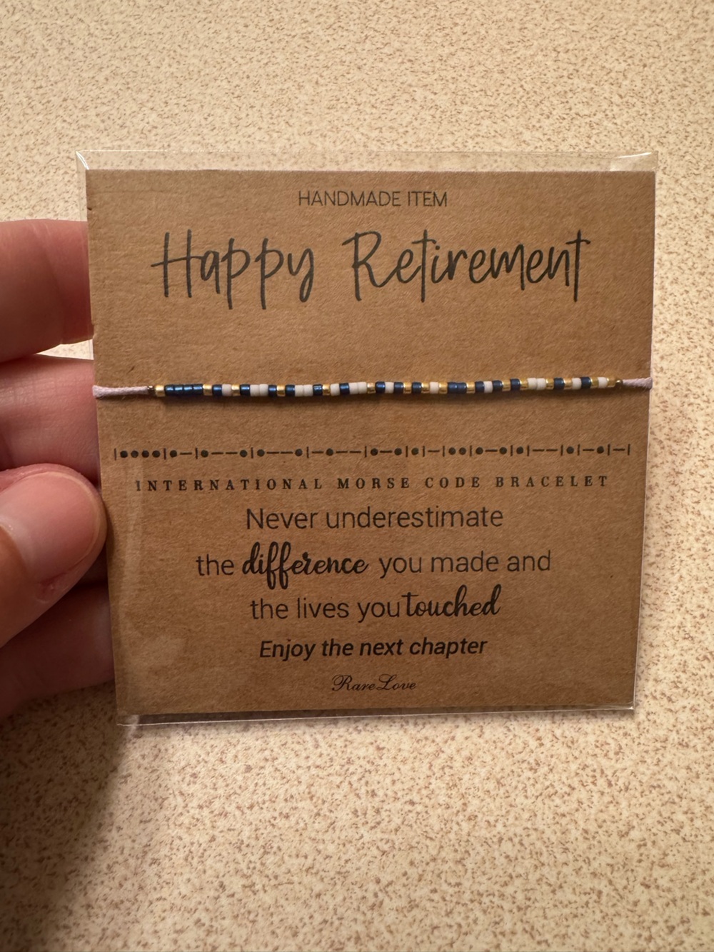 Handmade Retirement Morse Code Bracelet - Navy, White & Gold